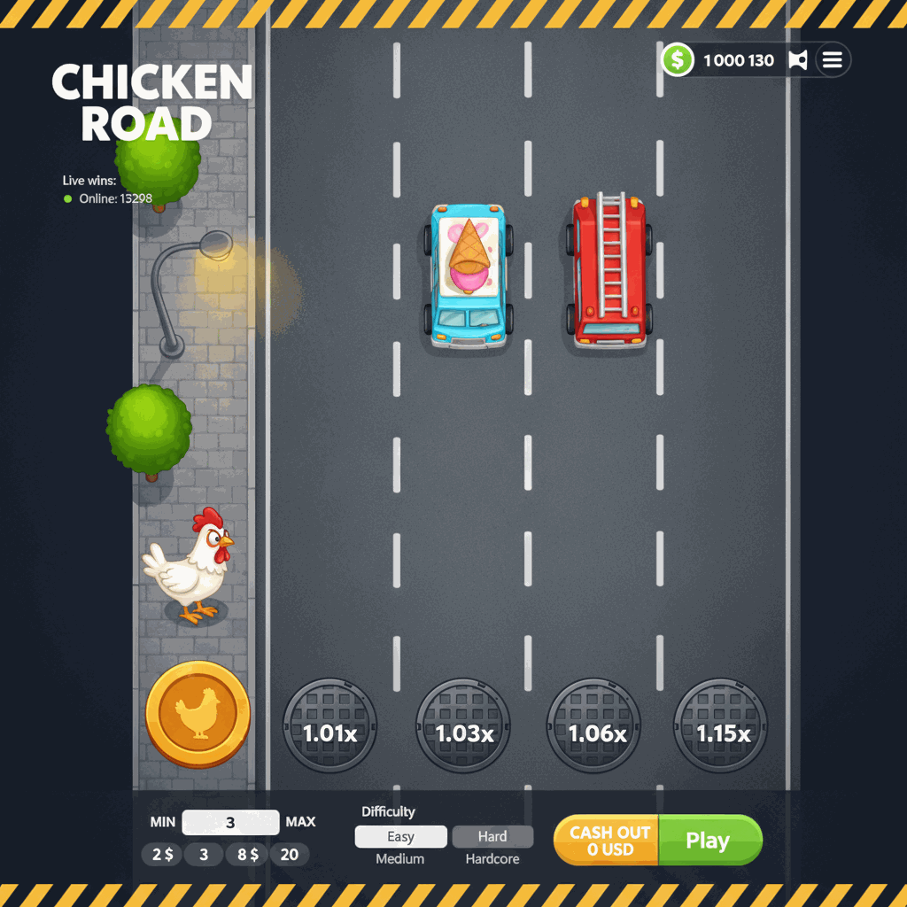 Schermata di gioco Chicken Road che mostra un pollo cartoon bianco che attraversa una strada multi-corsia con traffico in movimento, marcatori di moltiplicatore circolari su ogni corsia, pannello di controllo delle scommesse in basso, e indicatore di vincite live in alto a sinistra con saldo del giocatore visualizzato